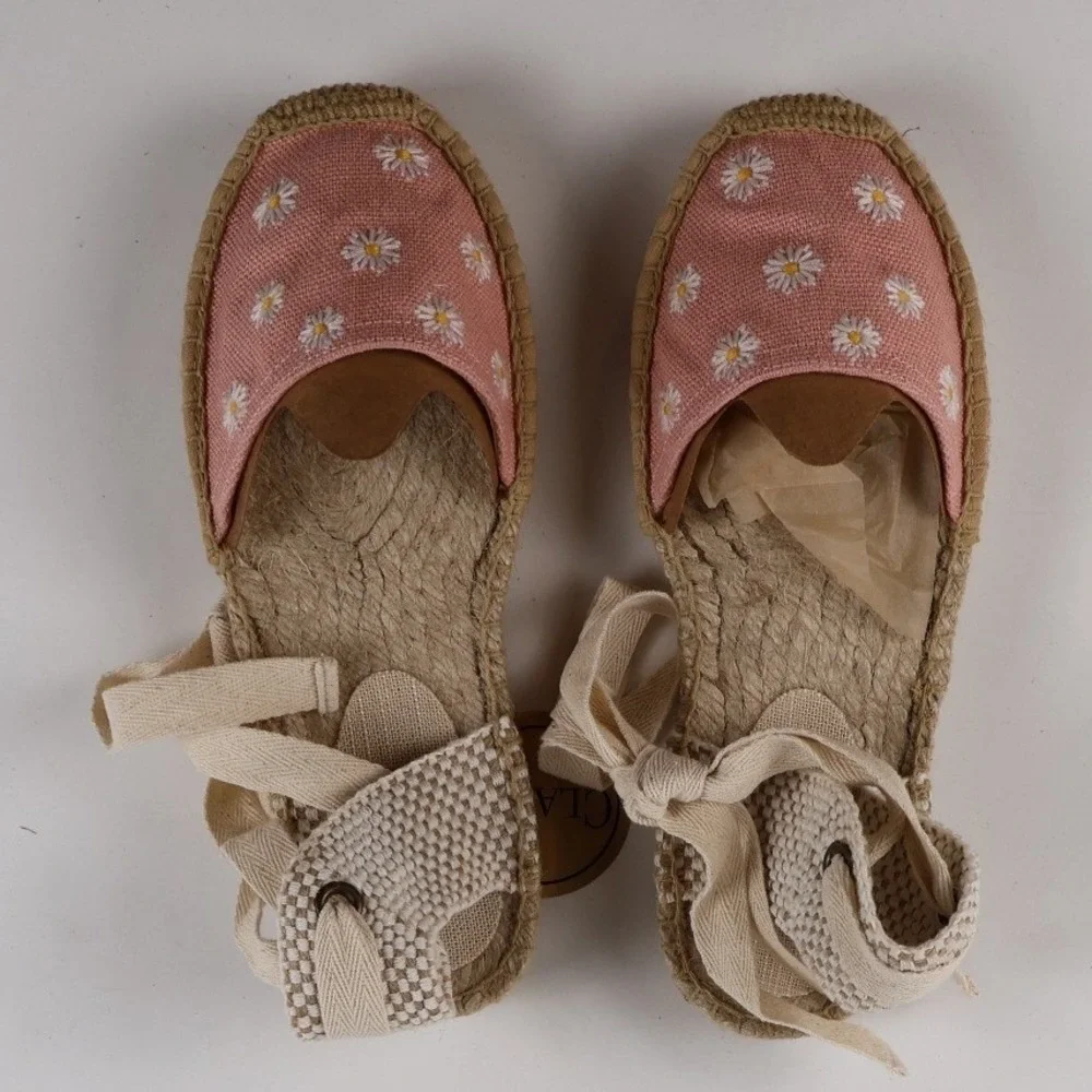 Soludos Espadrilles The Lauren Lace Up Dusty Rose Pink Daisy Floral 6 NWT